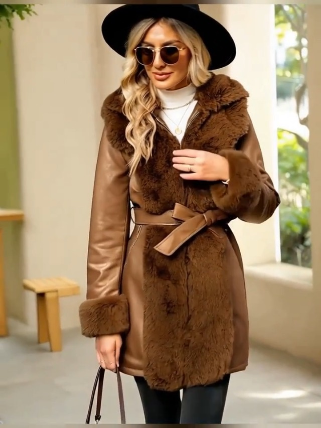 RISISSIDA Luxurious Fur Lined Faux Leather Jacket Women Winter